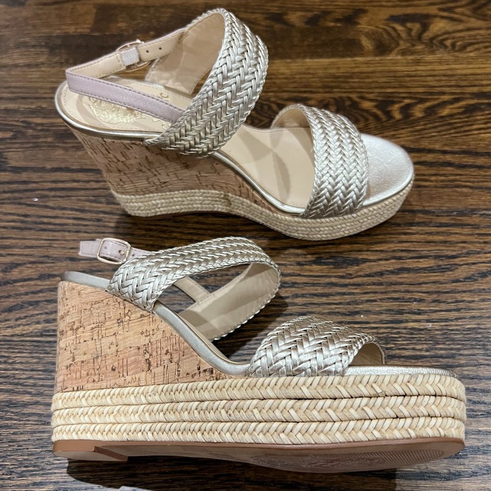 Vince Camuto gold and tan slingback wedges
